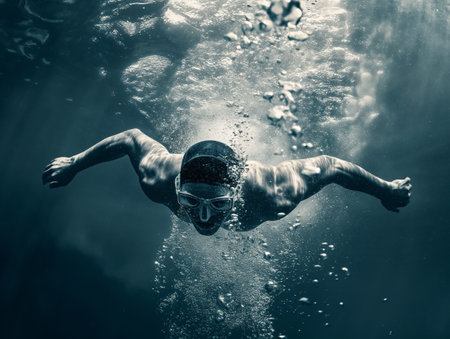A swimmer in goggles and cap glides underwater, creating bubbles and ripples in the deep blue water.の素材