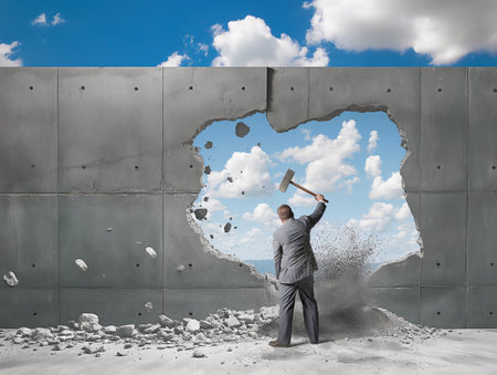 A determined businessman in a suit uses a sledgehammer to break through a concrete wall, revealing a bright blue sky with clouds.の素材