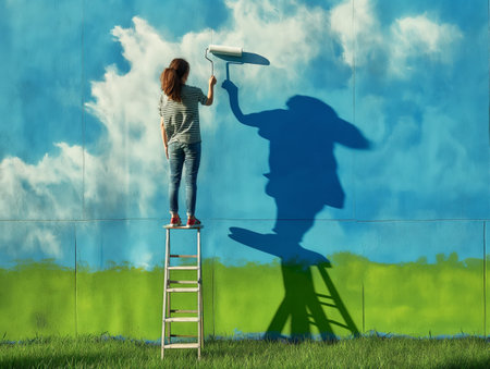 Woman on ladder painting a mural of blue sky and clouds, casting a large shadow on the wall.の素材