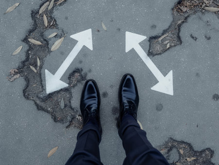 Businessmans feet in polished shoes standing at a fork in the road with directional arrows.の素材