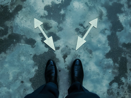 Businessmans feet in polished shoes standing at a crossroads with arrows pointing in opposite directions.の素材