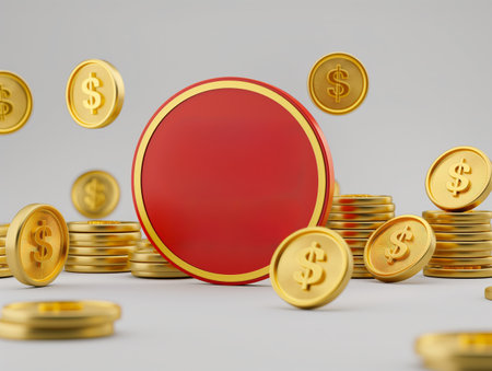 Golden coins with dollar signs surround a large red token, symbolizing wealth and investment.の素材
