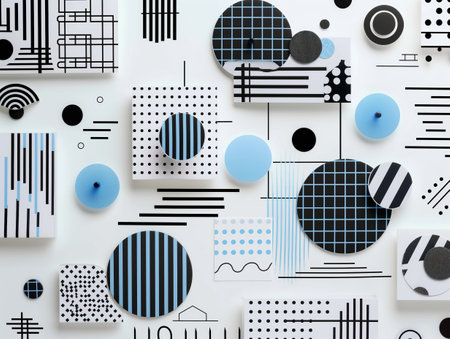 Abstract geometric pattern with circles, lines, and grids in black, white, and blue. Modern and minimalistic design.の素材