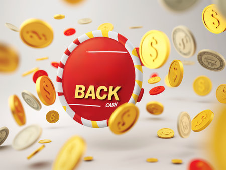 Red chip with BACK CASH text surrounded by floating gold and silver coins, symbolizing cashback rewards.の素材