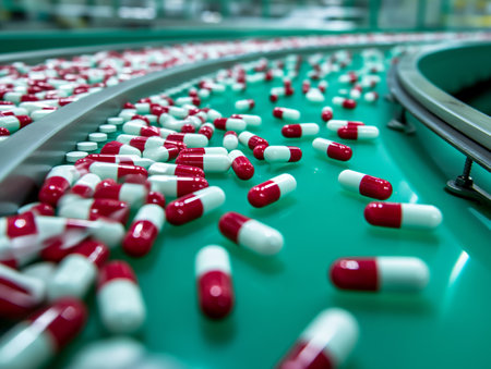 Close-up of red and white capsule pills scattered across a pharmaceutical conveyor beltの素材
