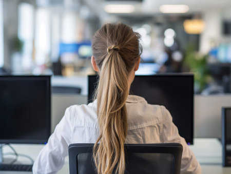 Back view of a female professional working at her desk with multiple monitors in a bright office environmentの素材