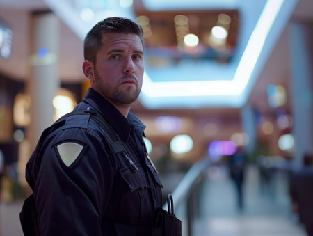 Serious faced male security guard with modern tactical gear in a brightly lit shopping centerの素材