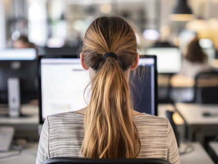 Rear view of a female professional working at a multiple monitor setup in a modern office environmentの素材