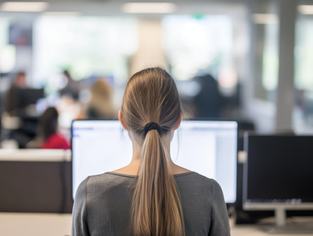 Female employee focused on computer screens in a busy office setting, embodying concentration and corporate lifestyleの素材