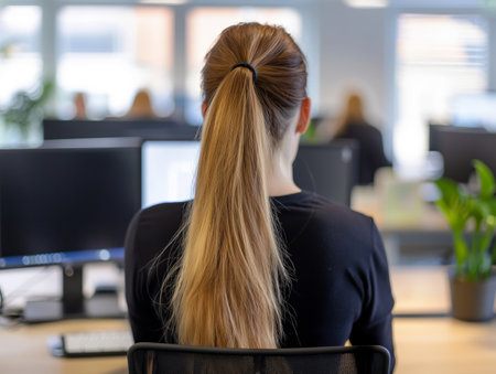 Rear view of a female professional working at her desk in a corporate environmentの素材