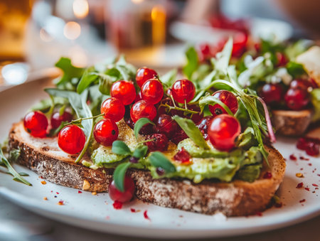 Close-up of a vibrant avocado toast topped with fresh red currants and greens on a plateの素材