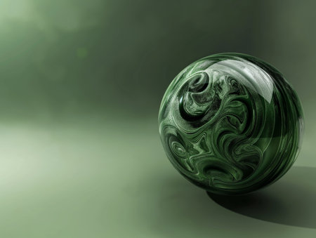 A green marble sphere with intricate patterns sits on a gradient green background, evoking elegance and tranquility.の素材