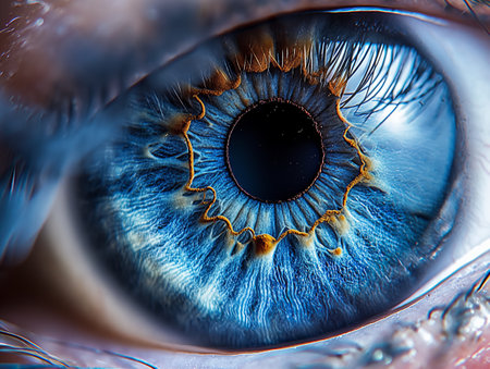 Macro shot of a blue human eye, highlighting intricate patterns in the irisの素材