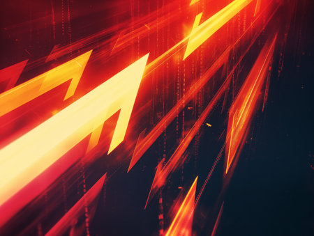 Bright red and orange arrows streak across a dark background, symbolizing speed, progress, and energy.の素材