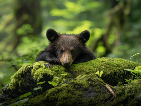 A peaceful bear cub rests on a moss-covered log in a lush green forestの素材