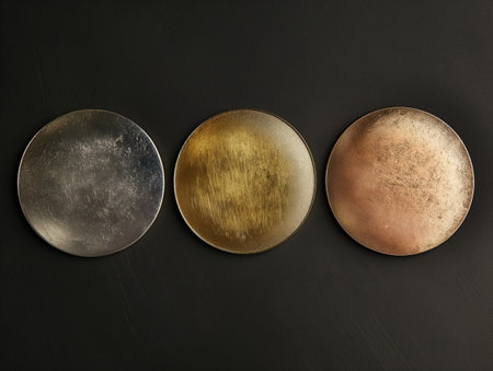 Three round metallic plates in silver, gold, and copper hues arranged on a dark background, showcasing texture and color contrast.の素材