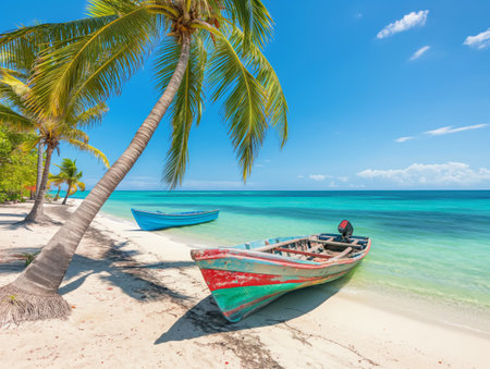 Two colorful boats on a serene tropical beach with clear blue sky and palm treesの素材