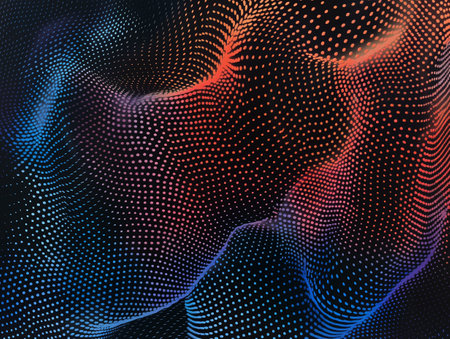 Dynamic abstract wave pattern with colorful dots on a dark background, creating a sense of motion and depth.の素材