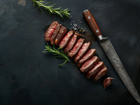 Juicy medium rare steak slices garnished with rosemary sprigs and accompanied by a rustic knife, set against a dark textured backgroundの素材