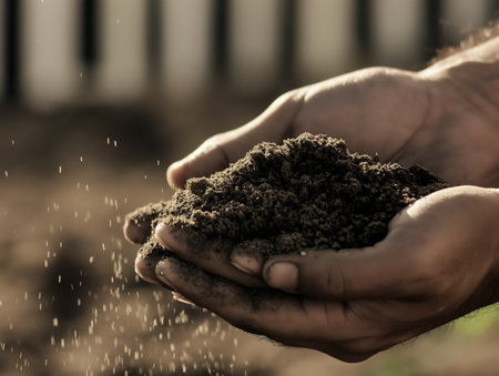 Close-up of hands holding rich soil, with particles falling, symbolizing growth, nature, and agriculture.の素材