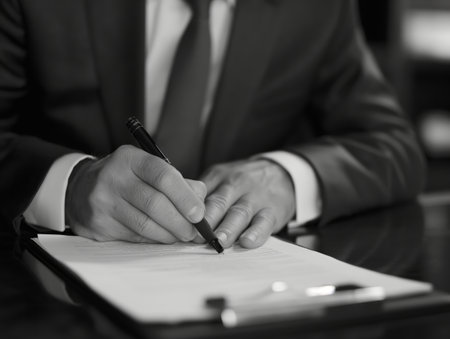 Close-up of a businessman in a suit signing a document at a desk, symbolizing professionalism and agreement.の素材
