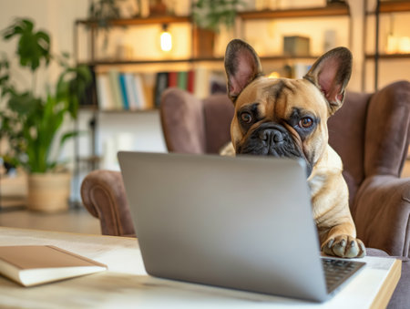 A French Bulldog sits attentively in front of a laptop in a cozy home office, surrounded by books and plants.の素材