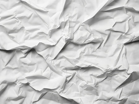 Close-up of crumpled white paper creating a textured background. Ideal for design, art, and abstract concepts.の素材