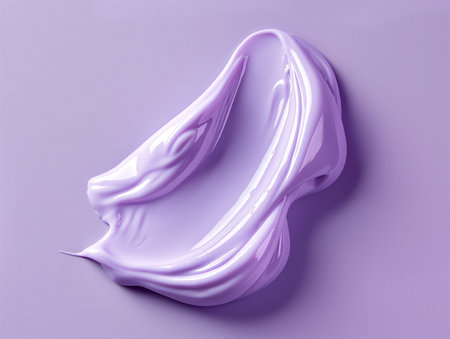 Close-up of a smooth, glossy purple cream texture on a lilac background, representing skincare or beauty products.の素材
