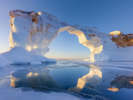 Stunning ice arch formation reflecting in a serene frozen lake under a clear sunset sky, showcasing natures beauty.の素材