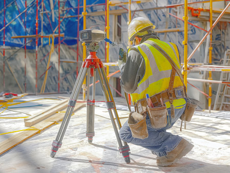 Construction worker in safety gear using a theodolite on a building site with scaffolding in the background.の素材