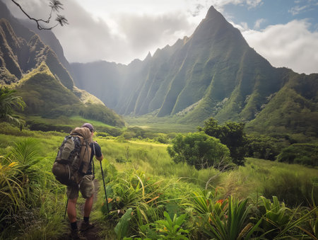 A hiker with a backpack and trekking poles explores a lush, green valley surrounded by towering mountains.の素材