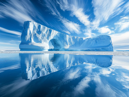 Stunning iceberg with a natural arch, mirrored in tranquil waters under a vibrant blue sky with wispy clouds.の素材