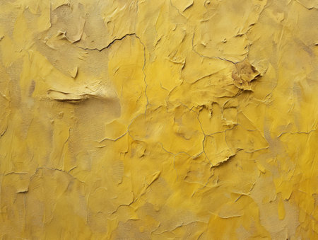 Close-up of a yellow textured wall with cracks and peeling paint, creating an abstract, rustic look.の素材