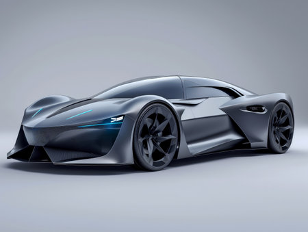 Sleek black sports car with aerodynamic design and blue accents, showcasing modern automotive innovation.の素材