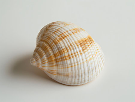 Detailed image of a striped seashell with orange and white patterns, isolated on a white background.の素材