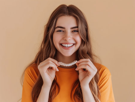 A cheerful woman in an orange shirt holds a pearl necklace, smiling against a beige background.の素材