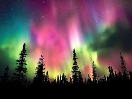 Vibrant aurora borealis illuminates the night sky above a silhouette of tall pine trees in a serene forest.の素材