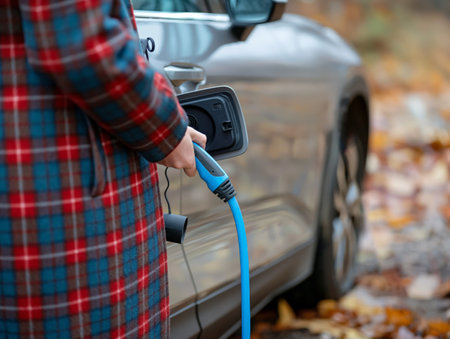 Close-up of a person in a plaid coat plugging a blue charging cable into an electric car on a leaf-covered ground.の素材