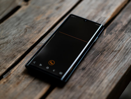 Close-up of a smartphone with a dark screen resting on a rustic wooden table, highlighting technology and simplicity.の素材