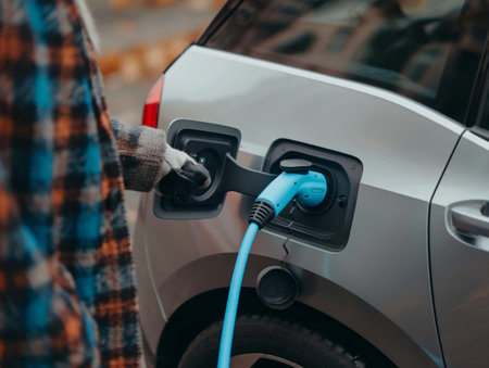 Close-up of a person plugging a blue charging cable into an electric car, symbolizing eco-friendly transportation.の素材
