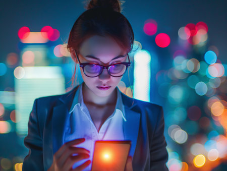 Professional woman in glasses using a smartphone at night, with colorful city lights in the background.の素材