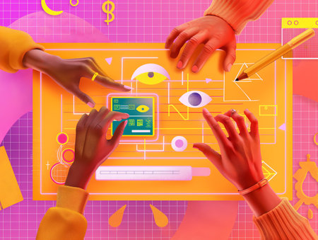 Diverse hands working on a digital interface, symbolizing teamwork, creativity, and innovation.の素材