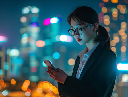 Professional woman in glasses using smartphone against a vibrant cityscape at night, symbolizing technology and urban lifestyle.の素材