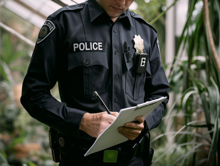 A police officer in uniform writes on a clipboard in a greenhouse, symbolizing law enforcement and nature.の素材