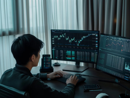 A person analyzing stock market data on multiple monitors in a dimly lit room, focusing on financial charts and graphs.の素材