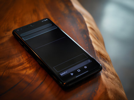 A black smartphone with a blank screen rests on a polished wooden surface, highlighting modern technology and natural textures.の素材