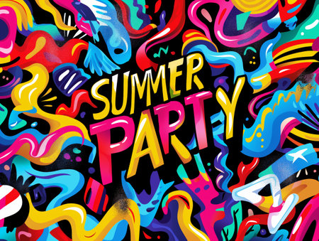 Colorful abstract illustration with Summer Party text, evoking fun and excitement.の素材