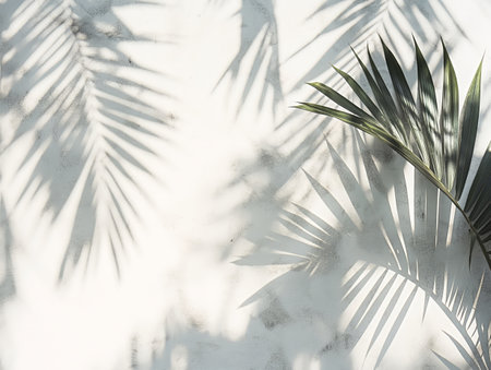 Sunlight casting palm leaf shadows on a white wall, creating a serene and tropical atmosphere.の素材