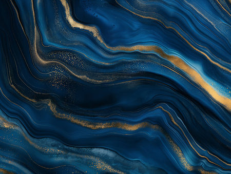 Abstract fluid art with flowing blue and gold patterns. Perfect for backgrounds, design, and decor.の素材