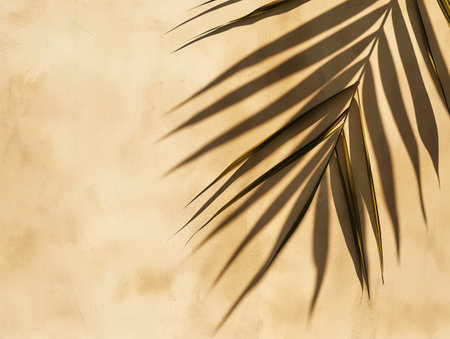Shadow of a palm leaf cast on a textured beige wall, creating a minimalist and tropical vibe.の素材